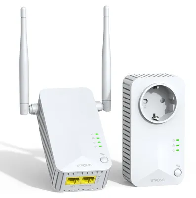 Produktbild von Strong Powerline Wi-Fi 600 Kit, 600 Mbit/s, IEEE 802.3, IEEE 802.3u, Typ F, 10,100 Mbit/s, Wi-Fi 4 (802.11n), 802.11b, 802.11g, Wi-Fi 4 (802.11n)