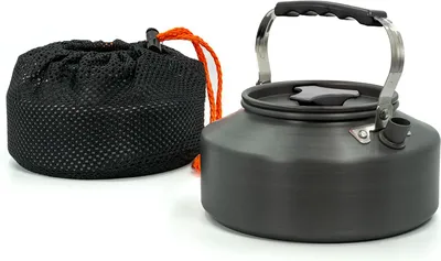 Produktbild von Intirilife Camping Wasserkocher Outdoor Kochkessel aus Aluminium in Schwarz mit 1.1 L Füllmenge - Zum Kochen von Wasser Tee Kaffee oder Suppe beim Camping oder auf Reisen