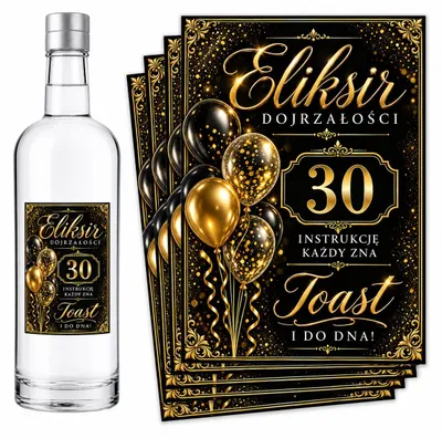 Produktbild von Flaschenetiketten – zum 30. Geburtstag – „Eliksir Dojrzałości” – Schwarz-Gold – 8 Stück