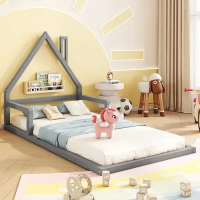 Produktbild von Kinderbett mit Lattenrost, 90x200 cm, Hausbett, Bodenbett, Jugendbett, Kiefer