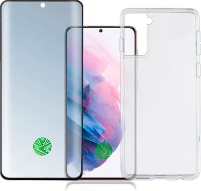A smartphone with a screen protector and a clear phone case.