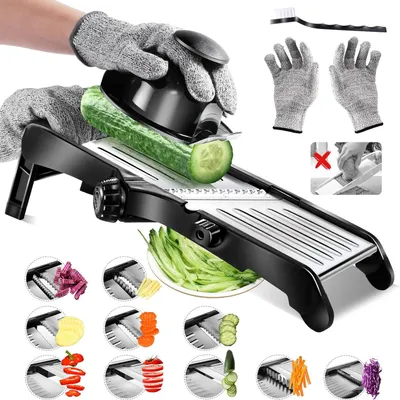 Produktbild von Multifunktionale Edelstahl-Küchenmandoline - Professioneller Gemüseschneider mit einstellbarer Schneidedicke und Zubehör