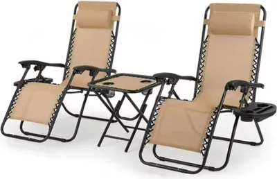 Image de set de 2 chaises Zero Gravity Lounge - Chaises d'extérieur réglables avec porte-gobelet - Beige - Pliable - Jusqu'à 140kg de charge