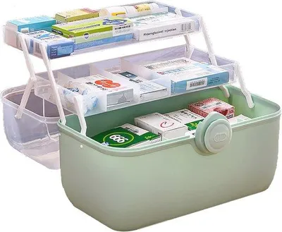 Zdjęcie produktu dla Skrzynka na leki Famanu, zamykana na klucz - Wielofunkcyjna apteczka domowa z uchwytem do przenoszenia (zielona)