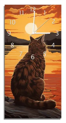 Produktbild von Wallario Design Wanduhr bedruckt, Größe 30 x 60 cm, Motiv: Katzenstille im Sonnenuntergang