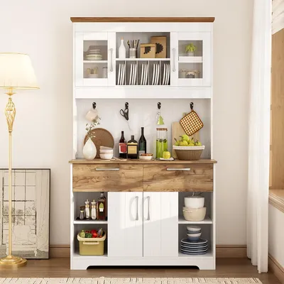 Produktbild von Küchenschrank mit Stauraum und 2 Schubladen Küchenbuffet Vorratsschrank für Küche & Wohnzimmer 106×39×176,5cm Weiß+Holzfarbe