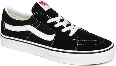 A studio shot of a black Vans Sk8-Low sneaker.