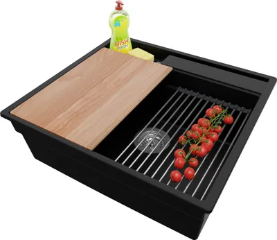 Produktbild von PRIMAGRAN Spülbecken Schwarz 58x53cm, Granitspüle 1 Becken + Ablauf-Set + Küchenzubehörset, Küchenspüle ab 60er Unterschrank - Oslo Pocket