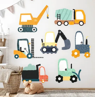Produktbild von Arbeiterfahrzeuge – Wandgestaltung – Wandbilder Kinder – Motivtapeten Set – Wanddekor Kinderzimmer – Selbstklebende Wandsticker – 100x152 cm