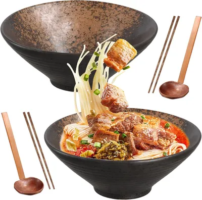 Produktbild von Schüssel 2 Sets japanische Ramen-Schüssel, 2 x 1000 ml Keramik-Fensterschüssel mit Stäbchen und Löffel, Salatschüsseln, Suppenschüsseln für Salat, Obs