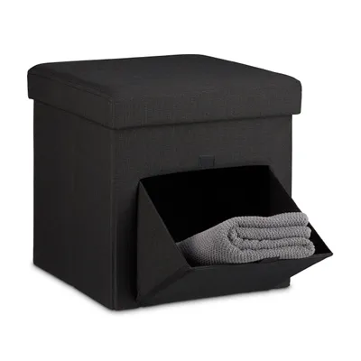 Zdjęcie produktu dla Podnóżek Relaxdays, składany, skrzynia do siedzenia, skrzynia do przechowywania z zdejmowaną pokrywą i klapką, wymiary: 38 x 38 x 38 cm, kolor czarny