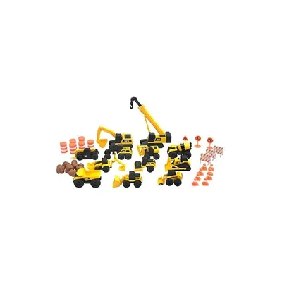 A collection of toy construction vehicles and accessories on a white background.