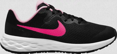 A side view of a black Nike running shoe with pink accents.