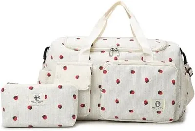 Produktbild von Suweir Sporttasche Kinder Reisetasche M?dchen Damen mit Schuhfach und Nassfach Cord Schwimmtasche Weekender Travel Bag Erdbeere Handgep?ck Tasche Geldb?rse fš¹r Reisen, Fitness, Sport Schwarz Beige
