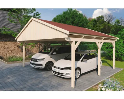 Produktbild von Doppelcarport SKAN Holz Fichtelberg inkl. Dachschindeln rot 618 x 566 cm natur