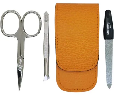 Produktbild von Solingen Maniküre Set 3-teilig – Nagelschere, Pinzette & Saphirfeile – Dollaro Echtleder Etui Germany Orange