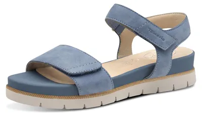 Obrázok produktu pre Dámske sandále Tamaris, široký strih, plochá podrážka, z kože, s pásikom na suchý zips, modrej farby