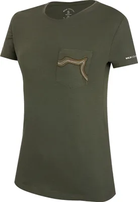 Damen T-Shirt "Session" von Wild Country in Olivgrün mit Brusttasche und farbiger Stickerei.