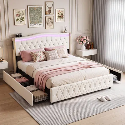 Produktbild von OYAJIA Polsterbett 160x200cm mit LED, Doppelbett mit 4 Schubladen Stauraum und Kopfteil, Stauraumbett Jugendbett mit USB&Type-C, Kunstleder Bettgestell