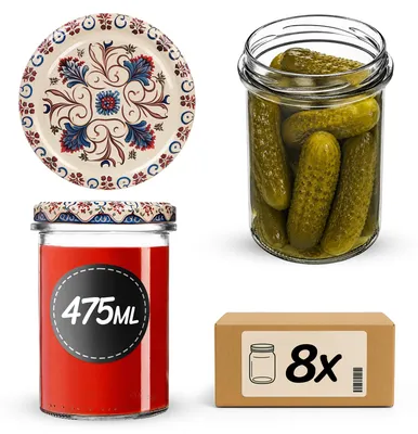 Imagen del producto de Tarros de vidrio KADAX de 475 ml con tapa de rosca de 82 mm de diámetro, ideales para mermeladas, tarros para envasar alimentos y conservar mermeladas y miel (diseño de flores rojas y azules, juego de 8 unidades)