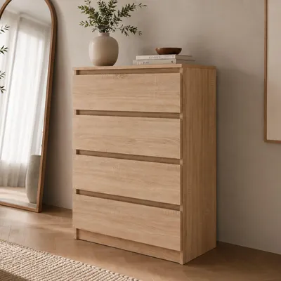 Produktbild von Home Collective Kommode Sideboard mit 4 Schubladen | Schubladenkommode Kommodenschrank Anrichte Schrank 70x40x100cm | Schlafzimmer Jugendzimmer Flur Möbel | modernes griffloses Design | Sonoma-Eiche