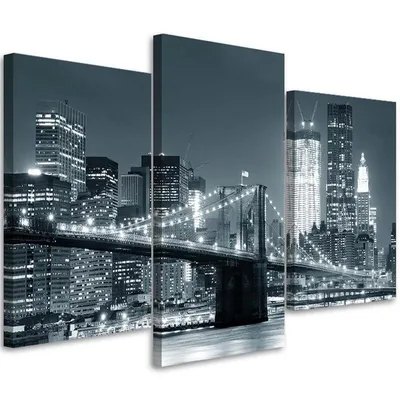 Produktbild von Triptychon auf leinwand new york bei nacht 90x60 cm Feeby grau wandbild bereit zum aufhängen