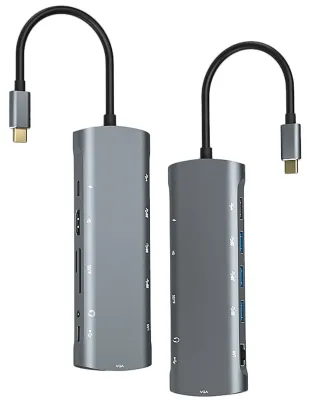 Produktbild von 12-in-1-Hub-Dockingstation: Typ C auf PD, HD, VGA, USB 3.0 (3x), USB 2.0, RJ45, Kartenleser, Kopfhöreranschluss