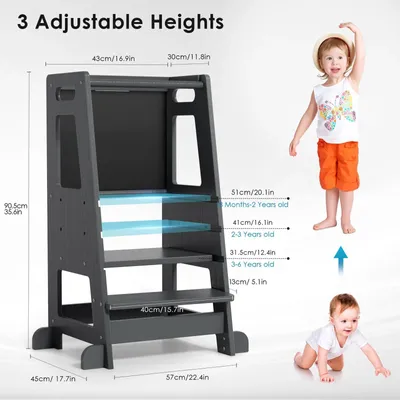 Immagine prodotto di Torre educativa Montessori per bambini - Utensile da cucina 3-in-1: sgabello - Pieghevole - Regolabile in altezza - Lavagna bifacciale - Realizzato in legno - Colorato