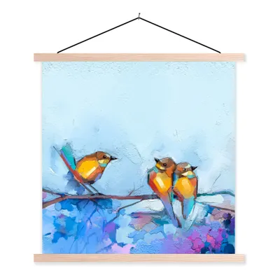 Produktbild von MuchoWow® Textilposter Gemälde - Ölfarbe - Vogel - Zweig 40x40 cm mit holzfarbenen Rahmen - Posterleiste