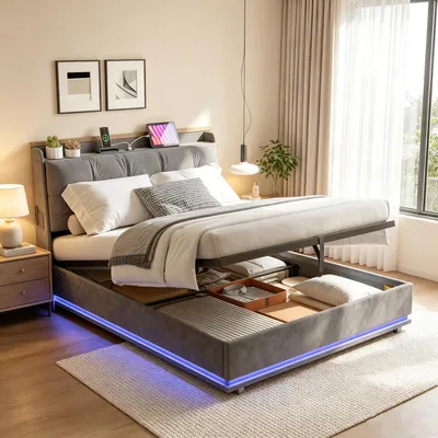 Zdjęcie produktu dla Łóżko platformowe INONEFT, obite tkaniną, 140x200 cm, z podświetleniem LED i portami USB, łóżko z hydraulicznym podnoszeniem i pojemnikiem na pościel, z zagłówkiem i stelażem, łóżko dwuosobowe, młodzieżowe, aksamit, kolor szary