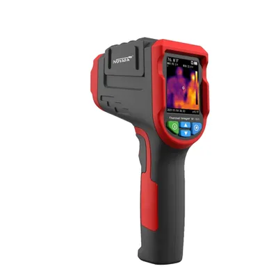 A red and gray infrared thermal imager is shown against a white background.