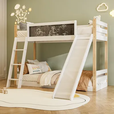 Produktbild von MODFU Kindebett 90×200/90×190 cm Etagenbett mit Rutsche und Treppe,Jugendbett Bettgestell mit 4-seitigem Schutzgitter,Hochbett ohne matratze, Weiß