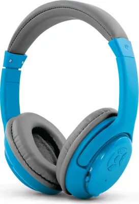 A studio shot of blue and gray headphones against a white background.