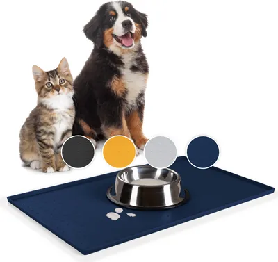 Image de Everanimals - Tapis antidérapant pour gamelle chien chat avec bord extérieur surélevé - Tapis en silicone pour gamelle, 50x30cm, bleu