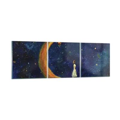 Produktbild von Bilder auf glas - 3 Teile - Mädchen auf der Mond - 90x30cm - Glasbilder - Wandbilder - Bilder - zum Aufhängen bereit - Wanddekoration aus Glas - Glas Bilder - Wandbild auf Glas - GCA90x30-4575