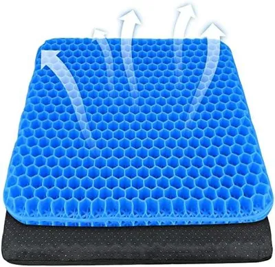 Produktbild von Gel-Sitzkissen – weiches Sitzkissen, Wabenmuster, doppeltes dickes Gelkissen mit Stoffbezug, kühlendes und ergonomisches Stützdruckkissen, für Bürostuhl, Rollstuhl und Autositzkissen, 42 x 35 x 3,5 cm