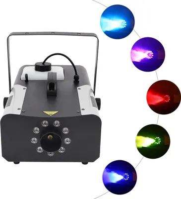 Obrázek produktu pro LED mlhová mašina – jevištní efekt – výkon 1500 W – RGB LED 9×3 W – DMX512 a dálkové ovládání – nádrž 2,5 l – výstup 2–3 m – EU zástrčka – černá