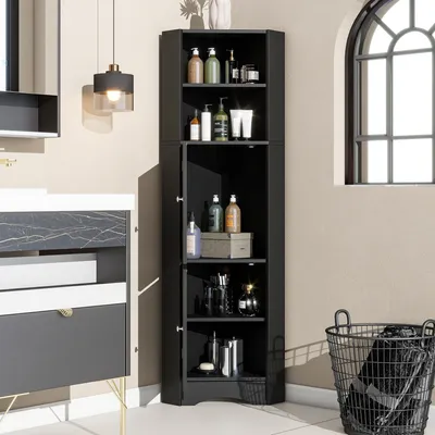 Image de OKWISH Meuble de Salle de Bain, Armoire de Salle de Bain Moderne avec Étagères Réglables et Compartiment Ouvert, Meuble de Rangement d'Angle - Panneau de Particules - Noir
