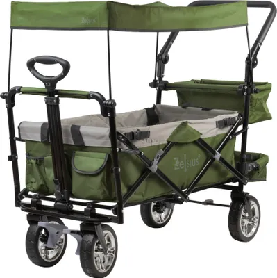 Produktbild von Zelsius Bollerwagen faltbar mit Dach, Grün / Grau, Transportwagen mit Gurtsystem, Klappbollerwagen