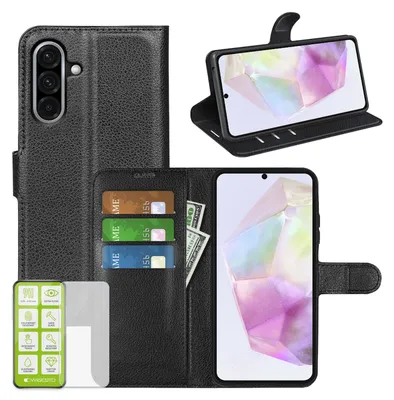 Obrázek produktu pro Pro Samsung Galaxy A56 / A36 Koženkové pouzdro Book Wallet Case Black + tvrdé sklo
