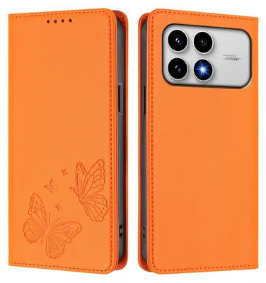 Image de Étui en cuir pour Xiaomi Poco F8 Pro/Redmi K90, étui de protection type portefeuille en cuir gaufré « papillon » avec support, couleur orange