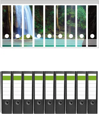 Produktbild von Wallario 9 Stück breite Ordner inkl. Klebeetiketten mit Motive Wasserfall im Wald am See  Idylle in Thailand -  Set mit Rückenschildern / Ordnerrücken Stickern
