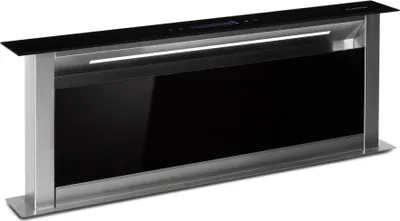 A modern downdraft range hood is shown against a white background.
