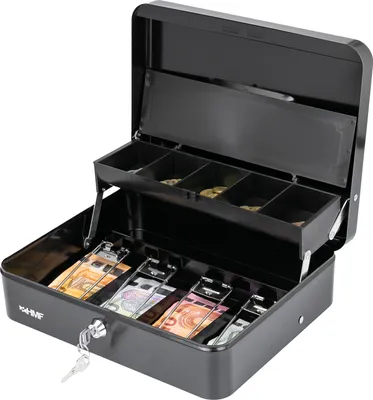 A black metal cash box with an open lid, showing compartments for coins and banknotes.