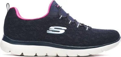A side view of a navy blue Skechers sneaker with pink accents.