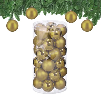 Image de Lot de 30 boules de Noël Relaxdays, en plastique, diamètre : 6 cm, décorations rondes pour sapin de Noël, décorations incassables, dorées