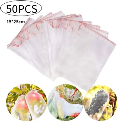 Produktbild von 50 Stück Traubenschutzbeutel mit Kordelzug, wiederverwendbare Gartenpflanzen-Obst Schutzbeutel für Trauben, Bäume, Insekten, Mücken, Käfer, Pflanzenschutzbeutel, Blumennetz-Netzbeutel, 15*25cm