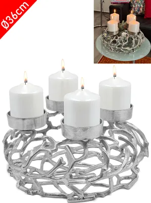 Produktbild von Luxus Adventskranz Ø36cm aus Metall Kerzenleuchter Kerzenständer Alu Ständer Adventsdeko Weihnachtskranz Weihnachten Deko Kranz Silber - für Kerzen Durchmesser 8cm
