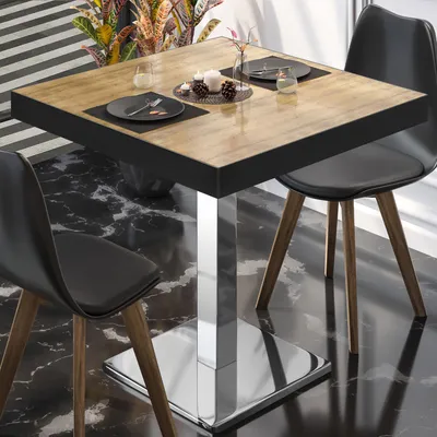 Produktbild von BM | Bistrotisch | B:T:H 60 x 60 x 77 cm | Eiche / Edelstahl | Quadratisch | Schwarzer Rand | Bistro Tisch Esstisch