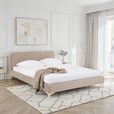 Produktbild von Polsterbett GLAMOUR gepolstert, 149 x 208 cm, Beige – elegantes Bett mit Steppmuster, Samtbezug, Metallfüße goldfarben, für stilvolle Schlafzimmer